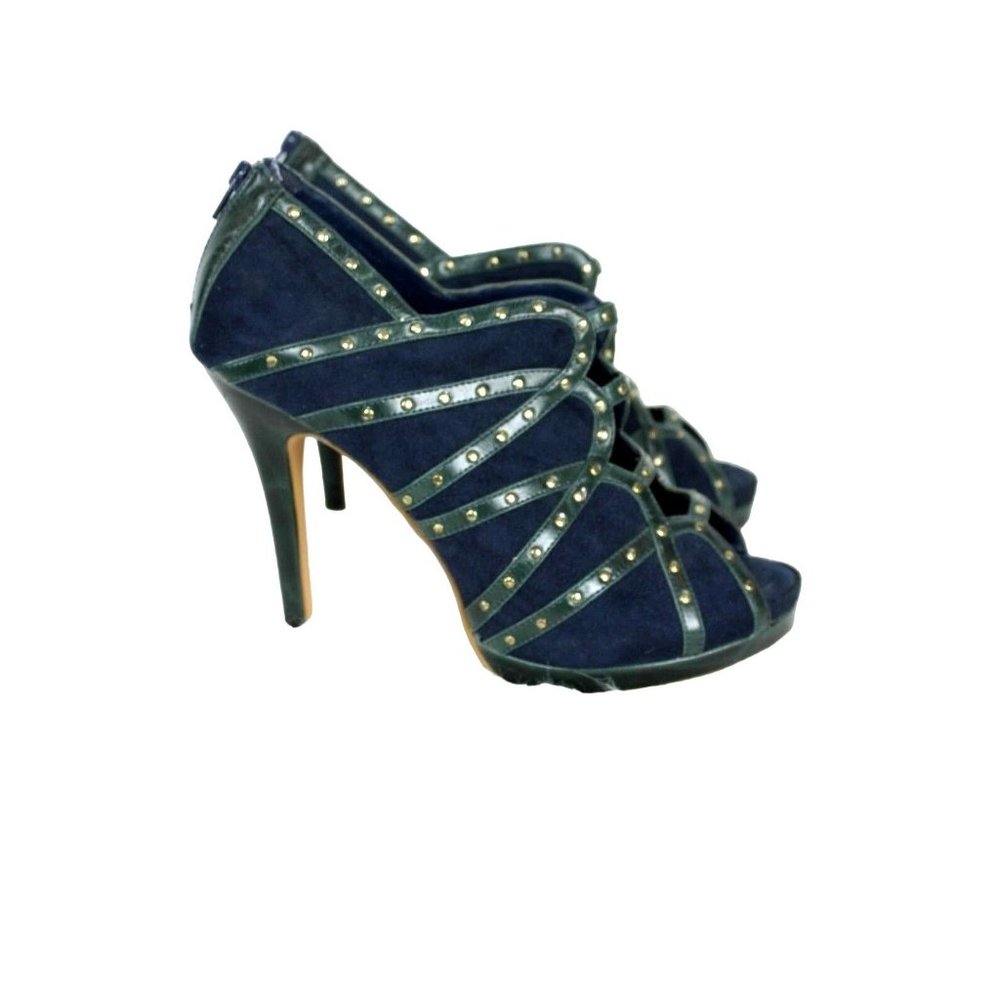 Blue Cage Heels size 10 Women Gold Studs Back Zipper Faux Suede Shoe Dazzle